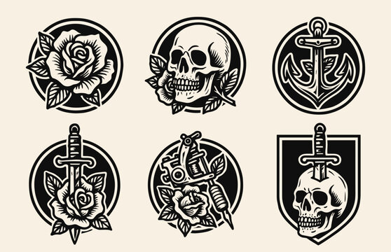 Tattoo badges bold collection with strong graphic motifs and traditional tattoo themes. Highlights roses, skulls, anchors, daggers, machines