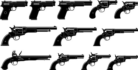 Handgun revolver silhouette set, firearm icon collection, pistol illustration, weapon shapes, gun design, black vector, shooting concept, tactical style © Monjurul Creatives