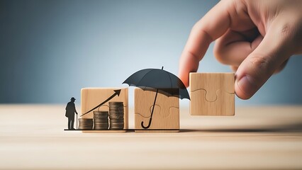 Wooden blocks with umbrella and figurine on a table with a person s hand holding a block