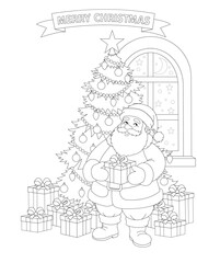 Christmas coloring page. Hand-painted Christmas card. Santa with presents under a Christmas tree near a window. Vector illustration.