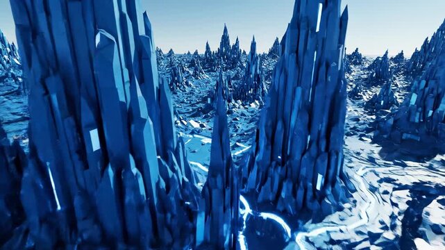 Aerial simulation sweeping view over an intricate and interconnected sharp blue tessellation landscape resembling vast abstract architectural terrain modern, cool atmosphere, motion graphic