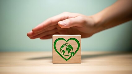 A hand gently placing a wooden block with a green heart and peace sign on a light brown surface indoors