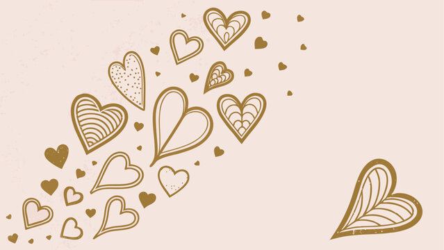 A decorative cascade of hand-drawn hearts in brown and gold on a soft pink background