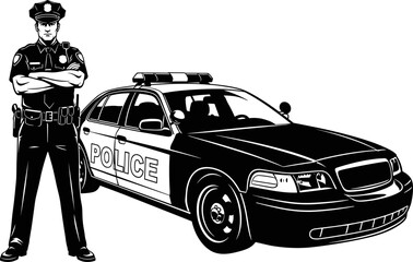 Police officer with patrol car, law enforcement illustration, public safety concept, black and white vector, civic duty, security symbol, uniformed figure © Monjurul Creatives