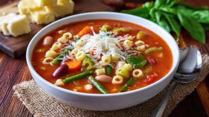 hearty minestrone soup with vegetables and parmesan cheese