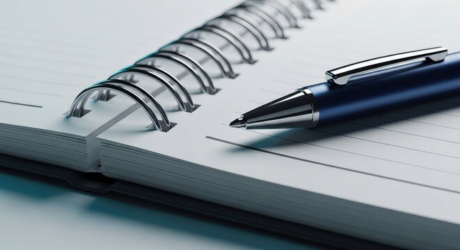 Professional blue pen poised on an open spiral notebook, perfect for capturing important notes, ideas, and detailed plans for various projects