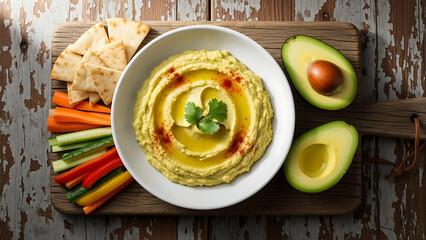 Delicious homemade hummus served with fresh vegetables and pita bread on a rustic wooden board, a healthy and flavorful appetizer
