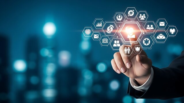 Innovative technology concept with hand holding light bulb and various icons in a futuristic cityscape - Powered by Adobe