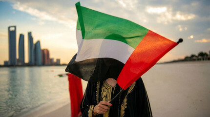 Generative AI image of a person holding the United Arab Emirates flag near a waterfront with a modern city skyline at sunset. .