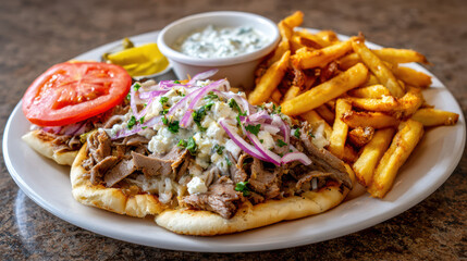 greek gyros plate with pita and tzatziki on a mediterranean feast table
