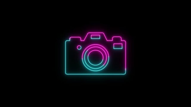 Bright glowing neon camera icon with cyan and magenta colors illuminating a dark space concept