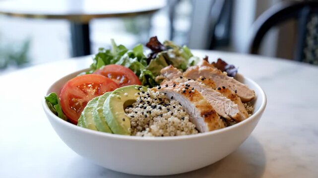 Healthy salad bowl with chicken, avocado, tomato and quinoa