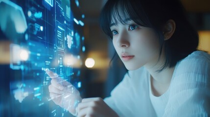 Young innovative woman interacting with advanced virtual reality interface
