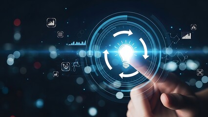 A futuristic hand interacting with a glowing blue circular interface with arrows and lights on a dark background with bokeh effects