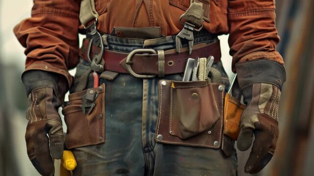Video A close-up shot of a person wearing a tool belt, ready for work or project