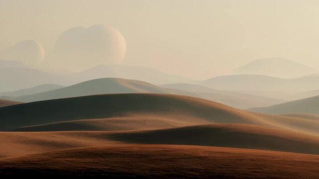 Softly lit alien landscape with rolling hills and celestial bodies