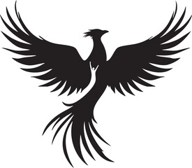 Obraz premium Phoenix silhouette with rock hand gesture and spread wings in bold black vector illustration