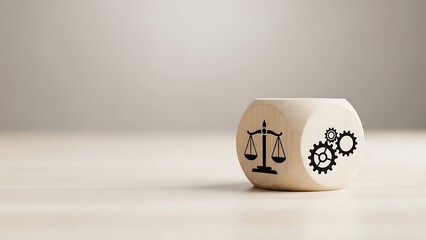 A white die with justice and gear icons on its sides on a grey background with a symbolic meaning
