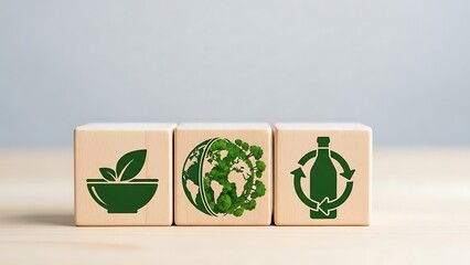 Three wooden blocks with green plant icons on a beige surface with a light blue background