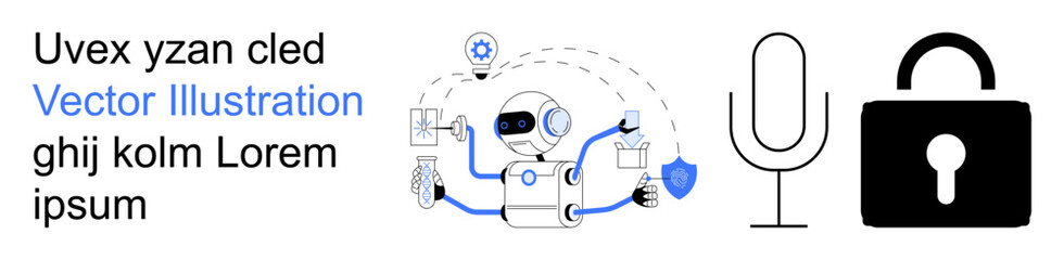 Artificial intelligence, digital security, voice recognition, data protection, automation technology, and robotic systems. A robot with icons, a microphone and a security lock. Artificial