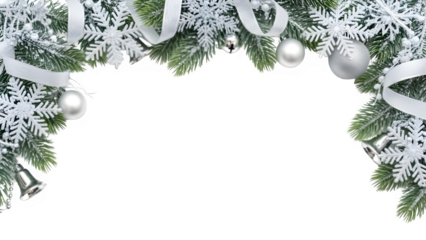 Christmas Tree Border with Snowflakes and Ornaments on Black Background