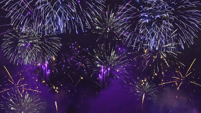 Silvester 2026, new year, new year's eve, party, new years eve background banner panorama long- purple firework fireworks display on rustic dark night sky