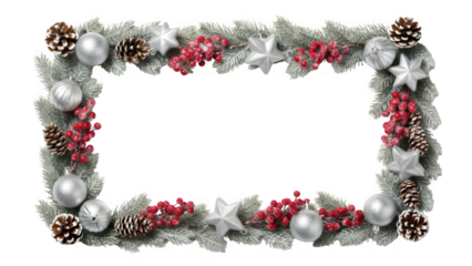 Christmas frame with pinecones, ornaments, and red berries on frosted fir branches against black background