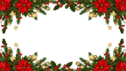 Christmas Border with Poinsettias and Holly on Black Background