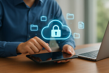 Person interacting with a tablet showing a secure cloud storage icon with a padlock and floating folders concept of cloud computing data security and file protection in modern business
