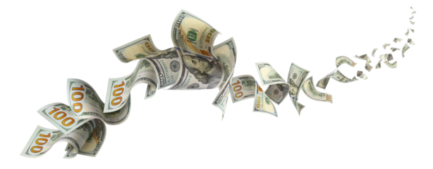 Flying hundred dollar bills, isolated on transparent cutout background