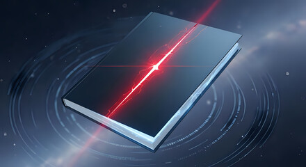 Futuristic digital book or electronic device with glowing red laser beam across the cover, abstract technology concept on dark background with light rings