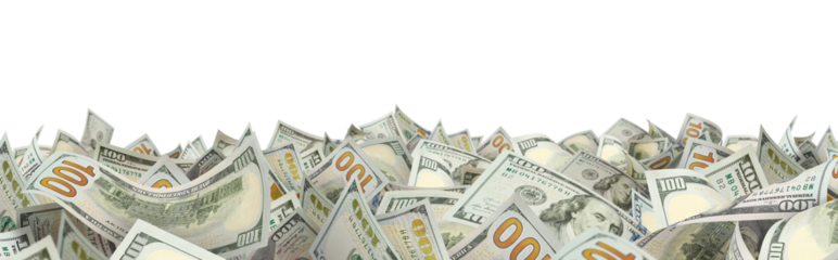 Hundred dollar bills forming a lower frame, isolated on transparent cutout background