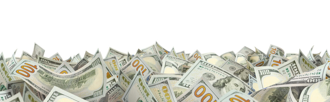 Hundred dollar bills forming a lower frame, isolated on transparent cutout background