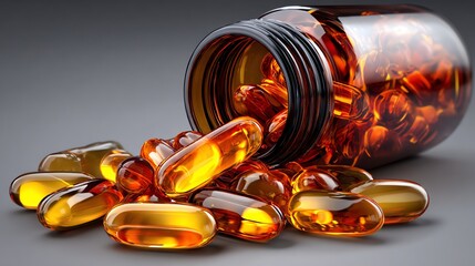 A close-up view of a spilled amber bottle of softgel vitamins and capsules, showcasing their glossy texture and vibrant colors, perfect for health and wellness related content.