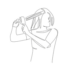 One continuous single drawing line art flat doodle hair, beauty, girl, coiffure, care, woman, young, comb, healthy. Isolated image hand draw contour on a white background, hand drawn, not AI