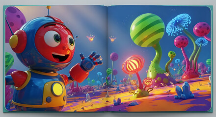 Friendly cartoon robot waving hello on a colorful alien planet with glowing strange plants and mushrooms under a starry night sky, vibrant fantasy landscape illustration for childrens book