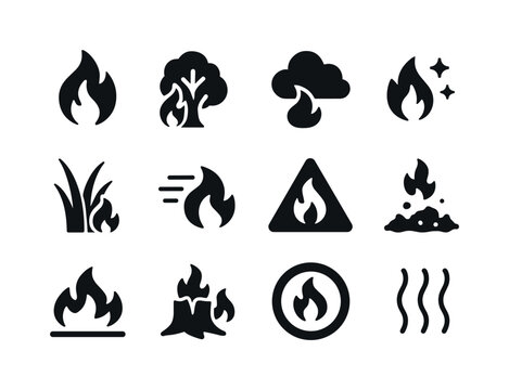 Wildfire Icon Set. Wildfire Events. Solid icon set of Wildfire E