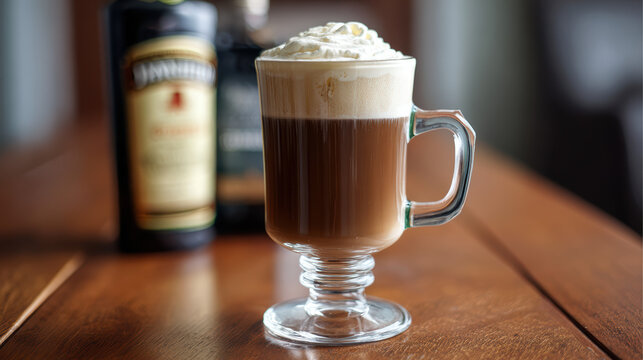 warm irish coffee in glass mug with cream float