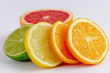Orange, lemon, lime and grapefruit slices on a white background. They are bright and good for you. They can be used in food pictures, in ads for healthy food and in cooking.