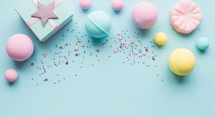 A festive collection of bath bombs, a gift box, and confetti scattered on a pastel blue background