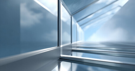 Obraz premium Abstract architectural interior with reflective glass surfaces and metal beams creating a futuristic corridor with natural light and sky reflections