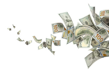 Flying hundred dollar bills swirling in dynamic motion, isolated on transparent cutout background
