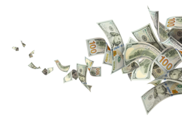 Flying hundred dollar bills swirling in dynamic motion, isolated on transparent cutout background