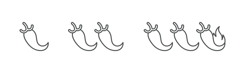 Spice Level Scale Icon. Thin Line Illustration of Progressive Chili Peppers Indicating Heat Levels, Symbolizing Mild, Medium and Hot Spiciness for Food Labels. Isolated Outline Vector Sign.

