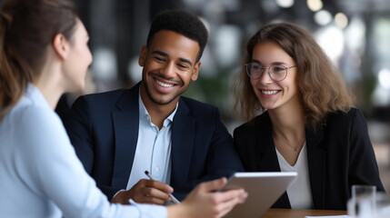 Faceless young multiracial couple and their financial advisor using touchpad during meeting, digital wealth management consultation, technology-enabled investment planning, defocused clients and
