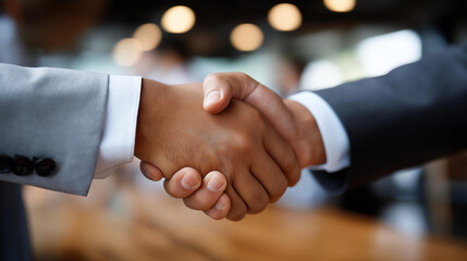 Faceless happy couple handshaking with their financial advisor on meeting in office, wealth management agreement, investment consultation conclusion, client satisfaction gesture, defocused