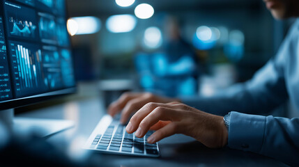 Faceless analyst uses computer and dashboard for data business analysis and data management system with KPI and metrics connected to database for technology finance operations sales marketing,