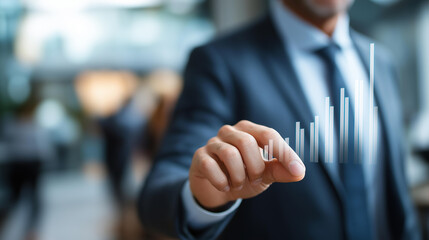 Faceless professional man presenting bar growth chart to client during focused corporate business meeting emphasizing financial performance analysis, investment results presentation, defocused