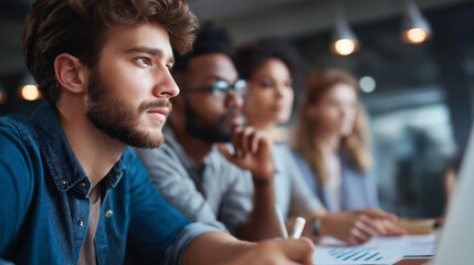 Faceless casual meeting of diverse business team analyzing financial data, multicultural corporate planning, collaborative investment analysis, team strategy discussion, defocused group, with