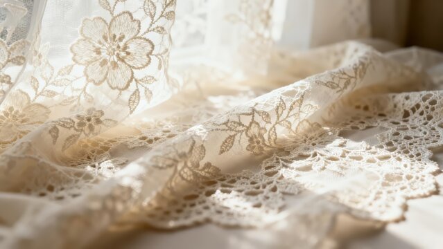 Elegant ivory lace texture with intricate floral patterns and soft light